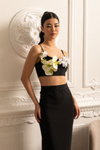 Fitted Co-Ord Set With Natural Aspect Floral Embellishments - Black