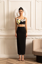 Fitted Co-Ord Set With Natural Aspect Floral Embellishments - Black