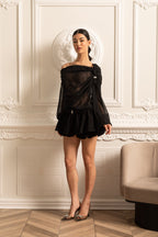 Sheer Off-Shoulder Co-Ord With Long Sleeves And Mini Skirt - Black
