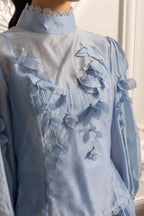 Elegant Floral Co-Ord With Delicate Lace Trim Accents - Blue