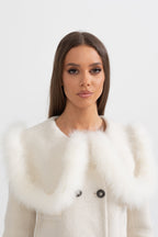 Double Breasted Cropped Jacket With Fur Collar Embellishment - White