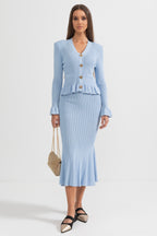 Ruffled Jacket & Flared Skirt Knit Matching Set - Baby Blue
