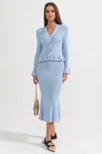 Ruffled Jacket & Flared Skirt Knit Matching Set - Baby Blue