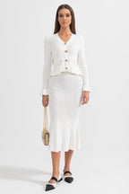 Ruffled Jacket & Flared Skirt Knit Matching Set - White