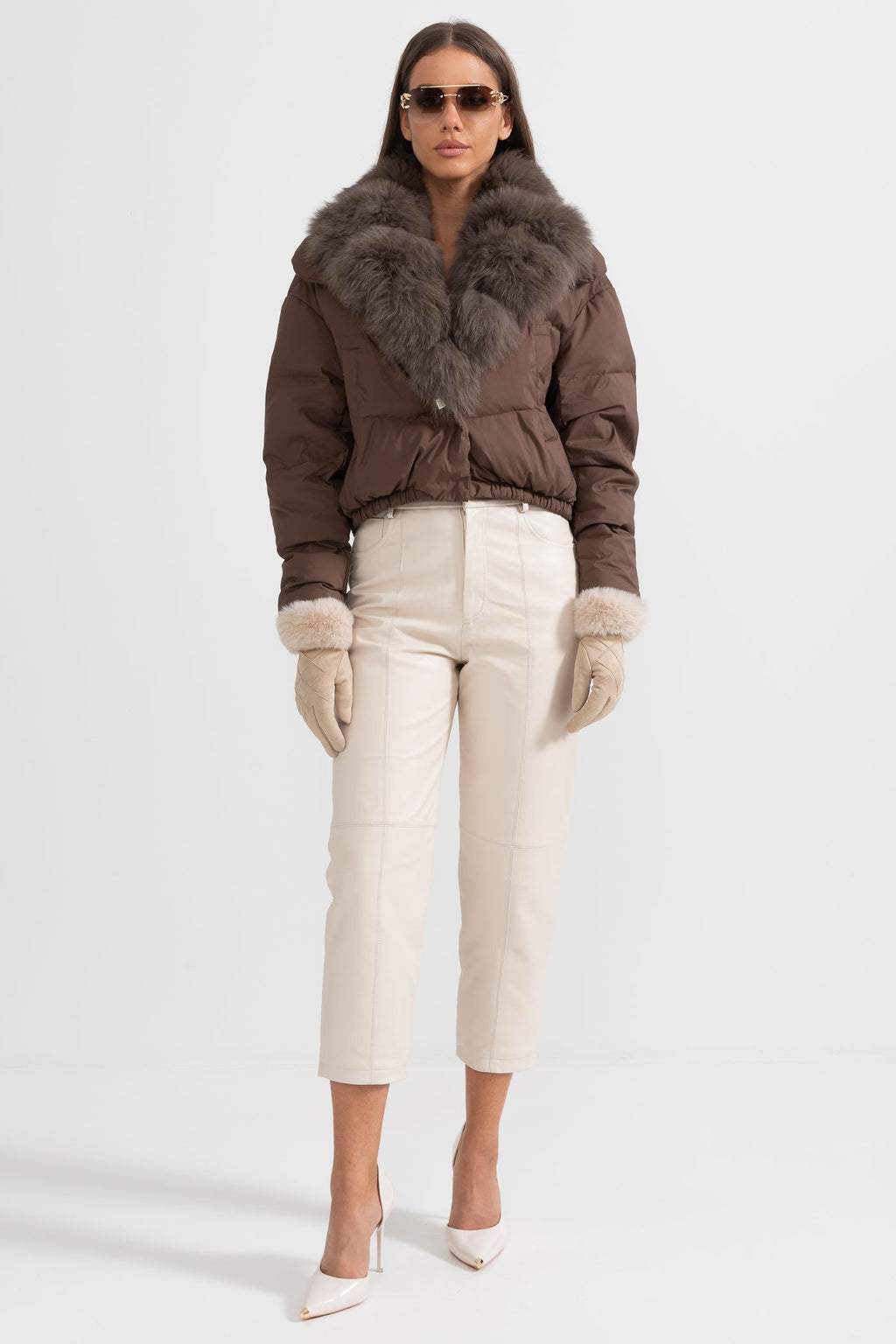 Puffer Jacket With Brown Fox Fur-Lined Hood - Brown