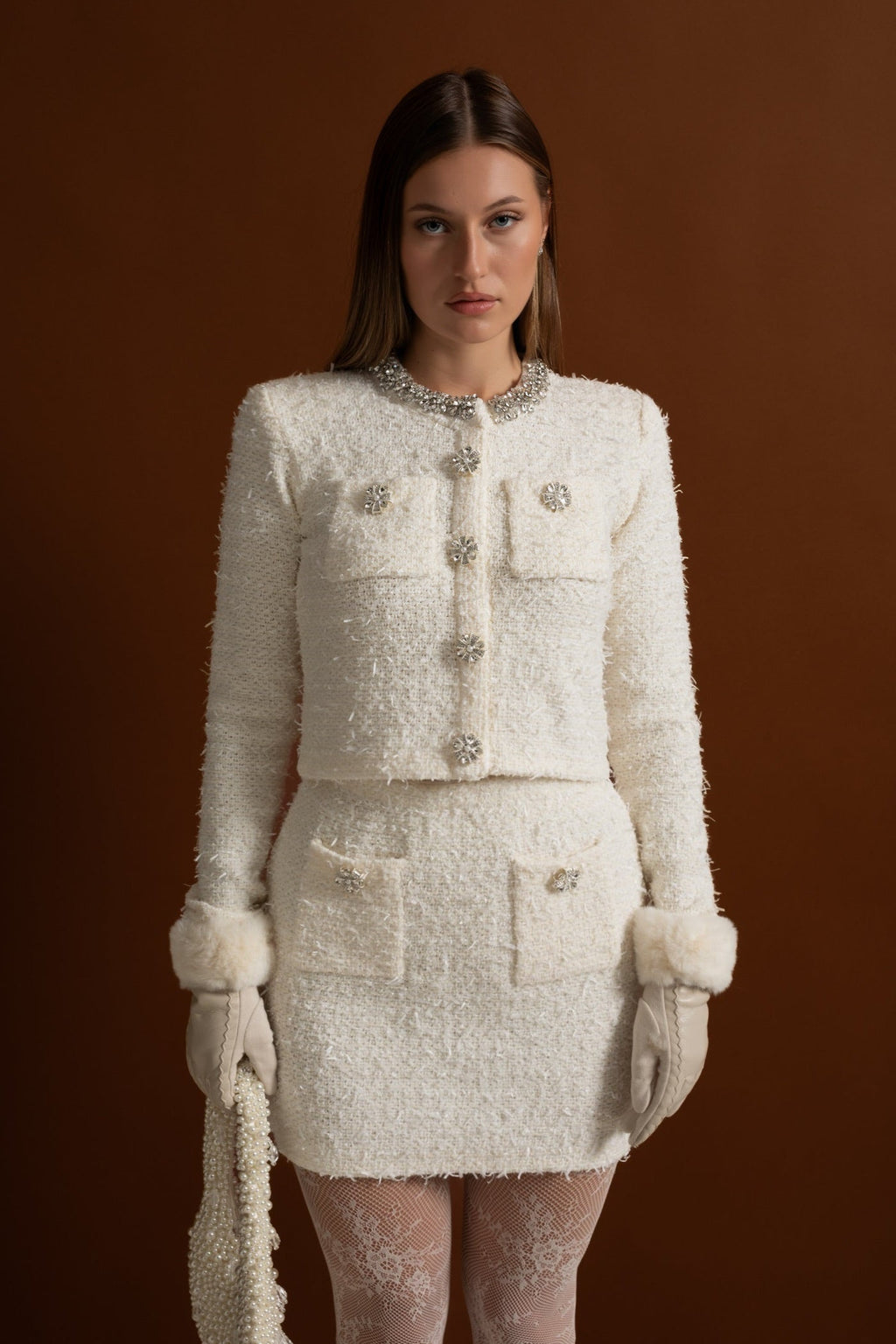 Tweed Blazer With Crystal Embellishments And Buttons - White