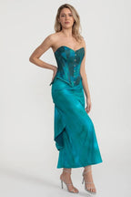 Elegant Satin Set With Corset-Style Bodice And Midi Skirt - Teal