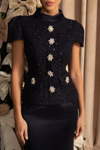 Co-Ord Set with Tweed Embellished Top and Satin Maxi Skirt - Navy