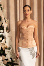 Strapless Lace Corset Top with Boning and Front Closure - Nude