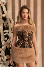 Leopard Sequin Co-Ord With Faux Fur Trim – Beige