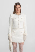 Tweed Mini Skirt With Crystal Buttons - White