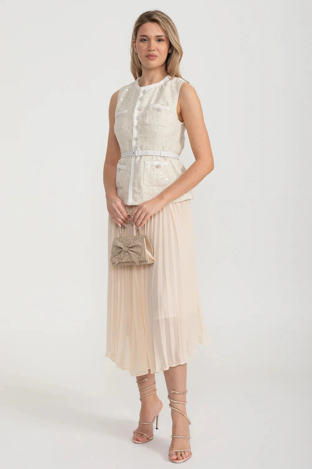 Textured Co-Ord With Front Pockets And Sheer Pleated Skirt - Ivoire