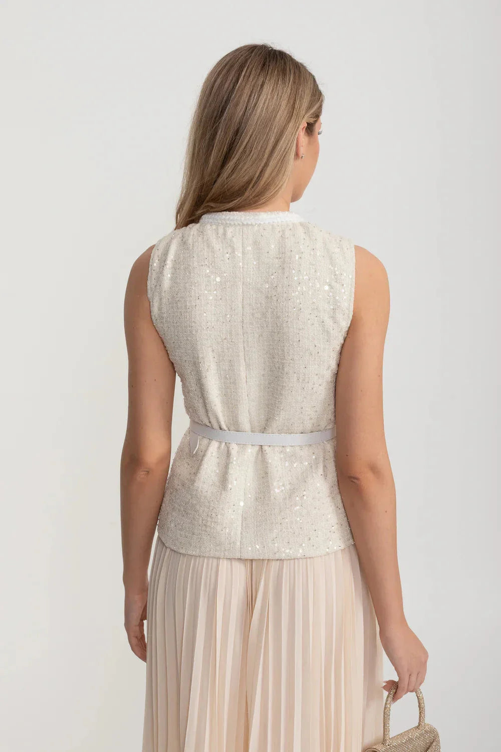 Textured Co-Ord With Front Pockets And Sheer Pleated Skirt - Ivoire