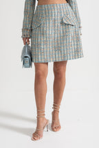 Plaid Tweed Set With Off-Shoulder Top And Coordinated Mini Skirt - Blue