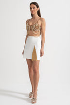 Pearls And Chains Embellished Set With Contrasting Top And Mini Skirt - Gold/White