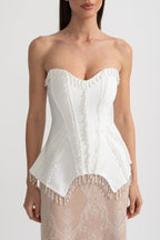 Elegant Corset Gown With Corset Top And Sheer Nude Maxi Skirt - White