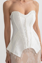 Elegant Corset Gown With Corset Top And Sheer Nude Maxi Skirt - White
