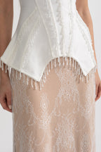 Elegant Corset Gown With Corset Top And Sheer Nude Maxi Skirt - White