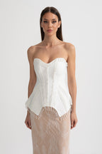 Elegant Corset Gown With Corset Top And Sheer Nude Maxi Skirt - White