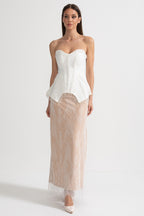 Elegant Corset Gown With Corset Top And Sheer Nude Maxi Skirt - White