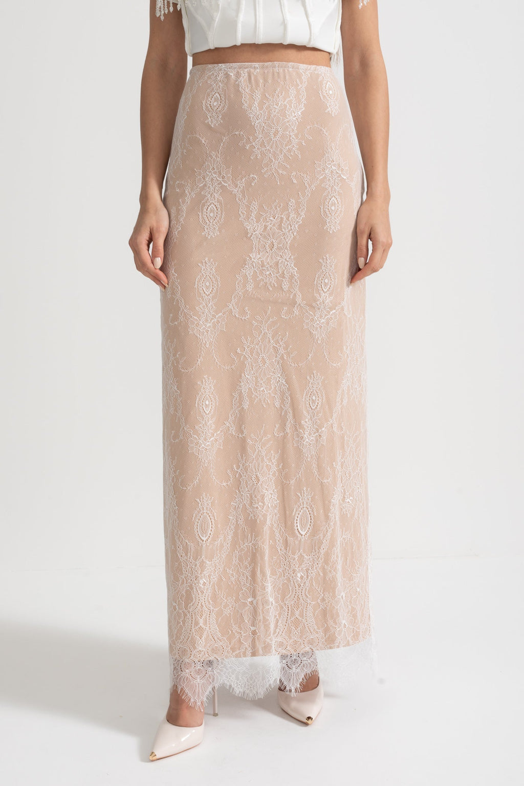 Elegant Corset Gown With Corset Top And Sheer Nude Maxi Skirt - White