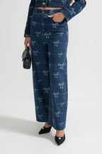 Denim Co-Ordinate Ensemble With Long Sleeved Jacket And Wide-Leg Jeans - Blue