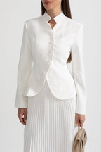 Pleated Skirt and Structured Jacket Co-Ord Set With Decorative Stitching - White