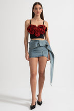 Corset Top with Red 3D Rose Appliqués - Black