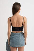 Corset Top with Red 3D Rose Appliqués - Black