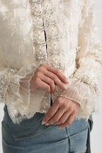 Textured Jacket Top with Pearl and Crystal Embellishments - Ivoire