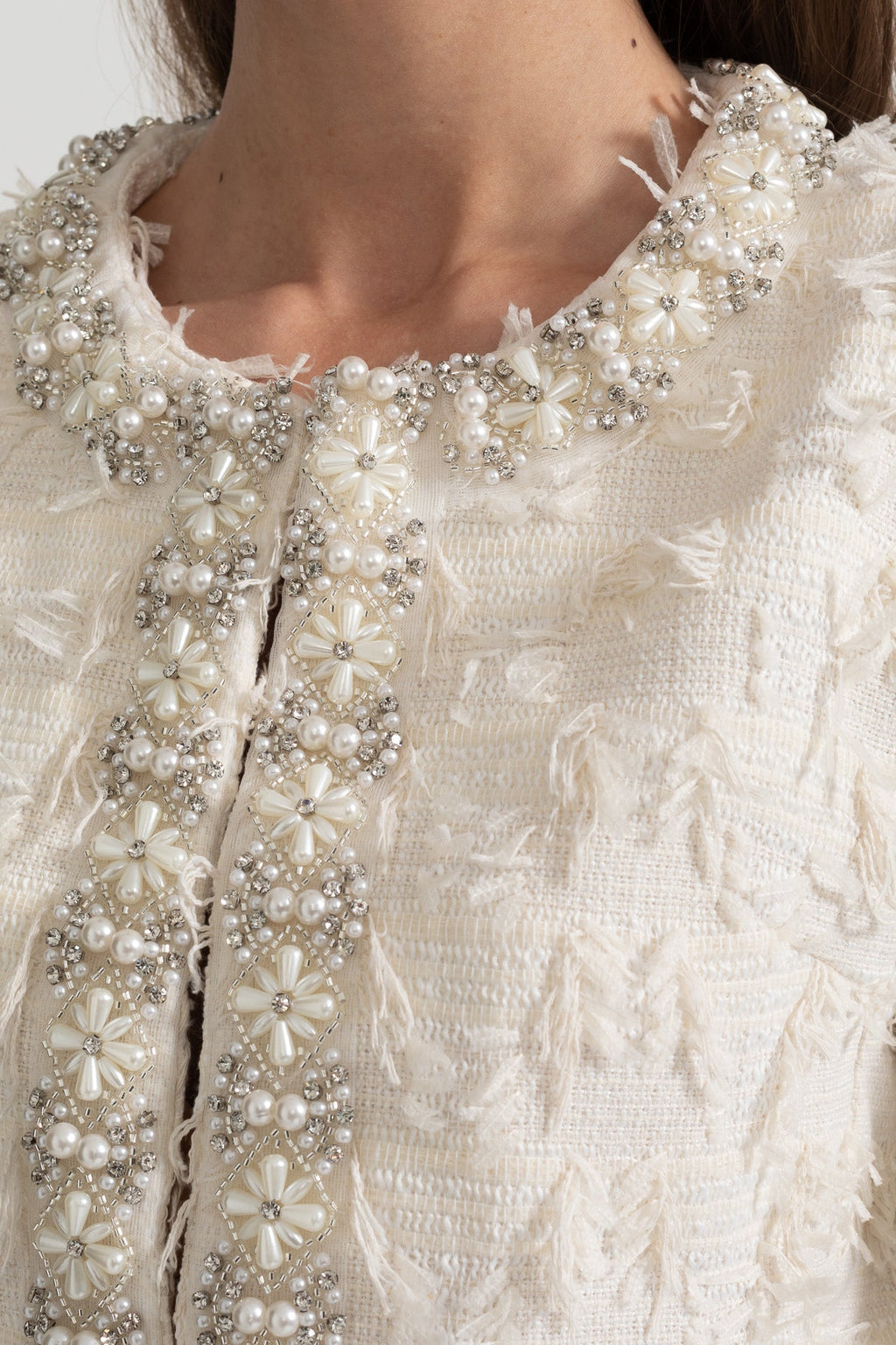 Textured Jacket Top with Pearl and Crystal Embellishments - Ivoire