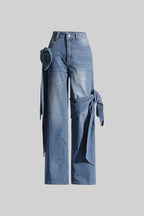Wide Leg Jeans with Bow Details - Blue