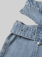 Cut Out Wide Leg Jeans with Buckle - Blue