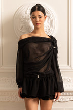 Sheer Off-Shoulder Co-Ord With Long Sleeves And Mini Skirt - Black