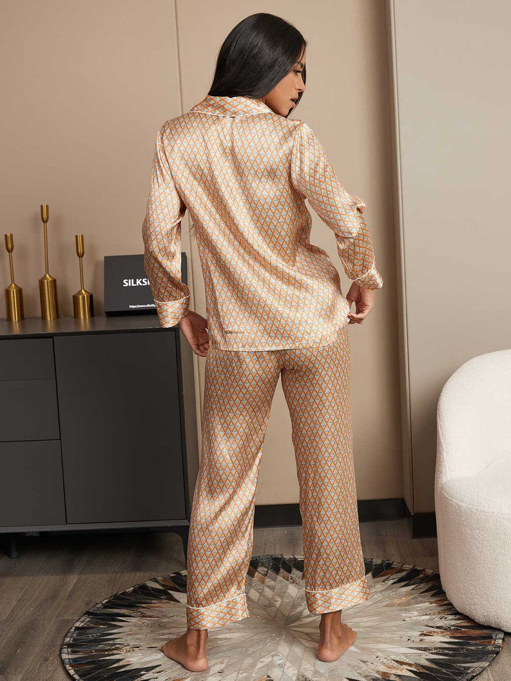 Women's Geometric Print Long Sleeve Pajamas Set With Pants