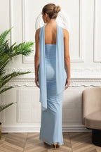 Elegant Draped Evening Co-Ord With Asymmetrical Neckline And Ruching Details - Sky Blue