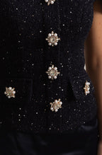 Co-Ord Set with Tweed Embellished Top and Satin Maxi Skirt - Navy