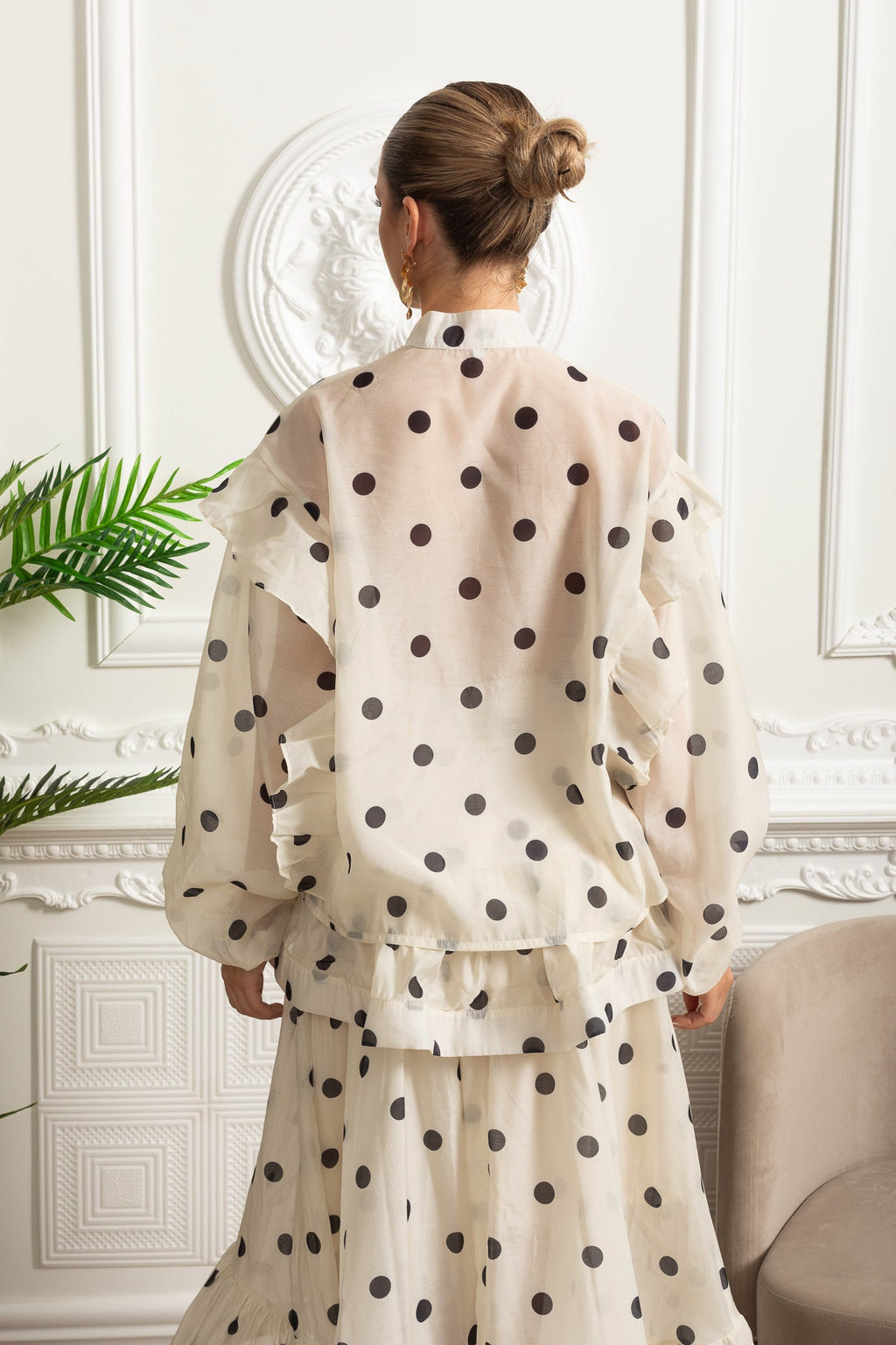 Polka Dot Co-Ord with Voluminous Sleeves and Statement Waist Bow - Ivoire