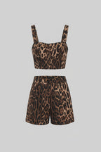 Leopard Print Crop Top and Tailored Shorts Set with Wide Straps – Brown
