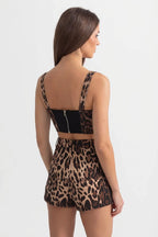 Leopard Print Crop Top and Tailored Shorts Set with Wide Straps – Brown