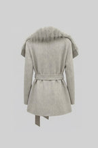 Wool Coat with Oversized Fur Collar And Belt - Light Grey