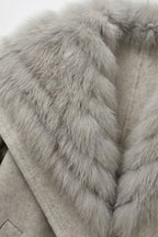 Wool Coat with Oversized Fur Collar And Belt - Light Grey