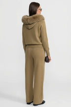 Zip-Up Wool Hoodie With Fox Fur Collar – Khaki