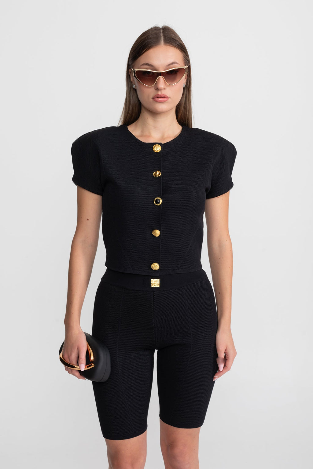 Textured Knit Co-ord Set With Structured Shoulders – Black