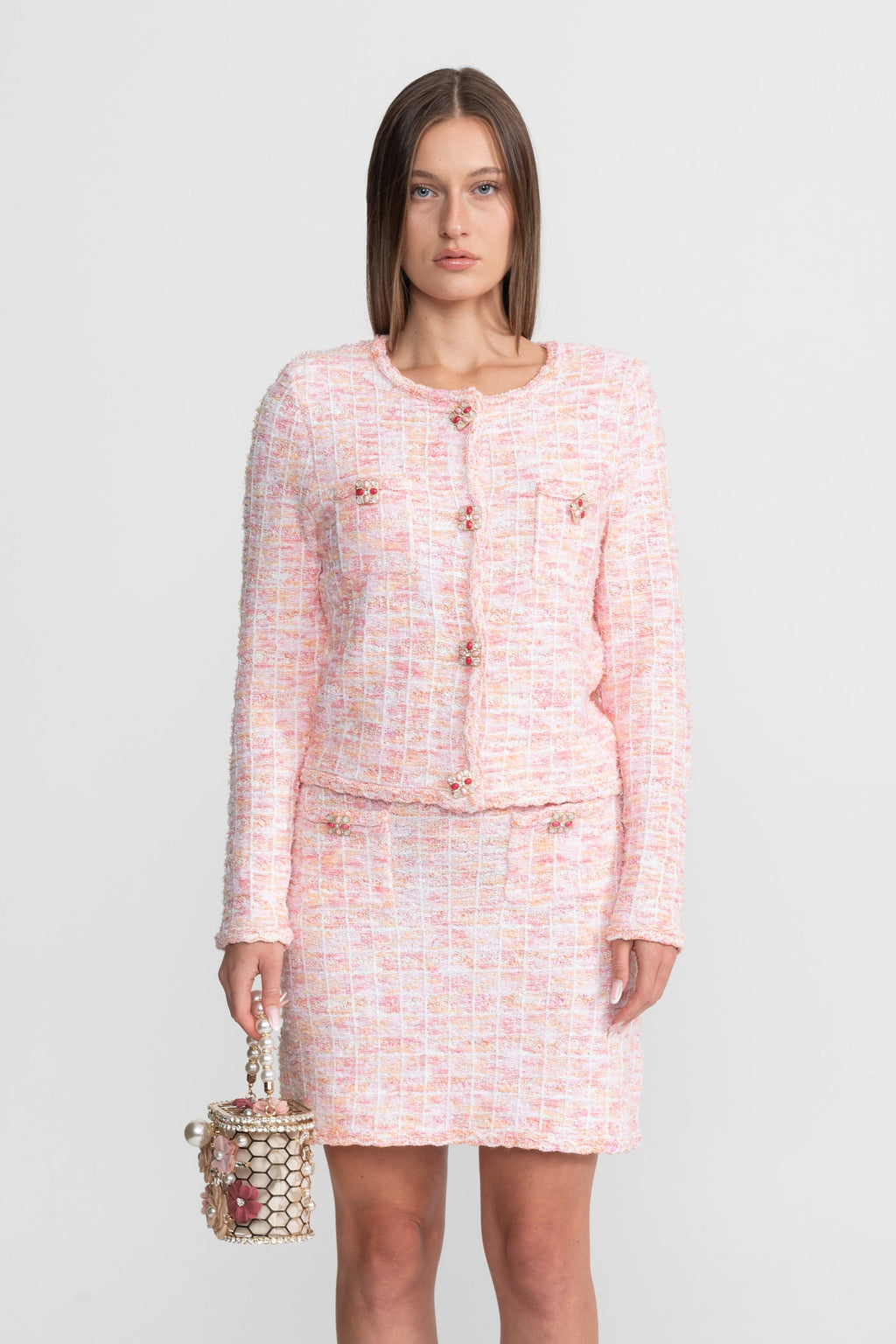 Tweed Co-Ord Set With Embellished Buttons – Blush Pink