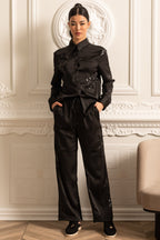 Sequin Embellished Satin Set With Long Sleeved Shirt And Coordinated Pants - Black