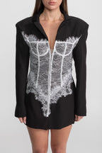 Lace Corset Blazer Dress With Deep V-neckline  – Black
