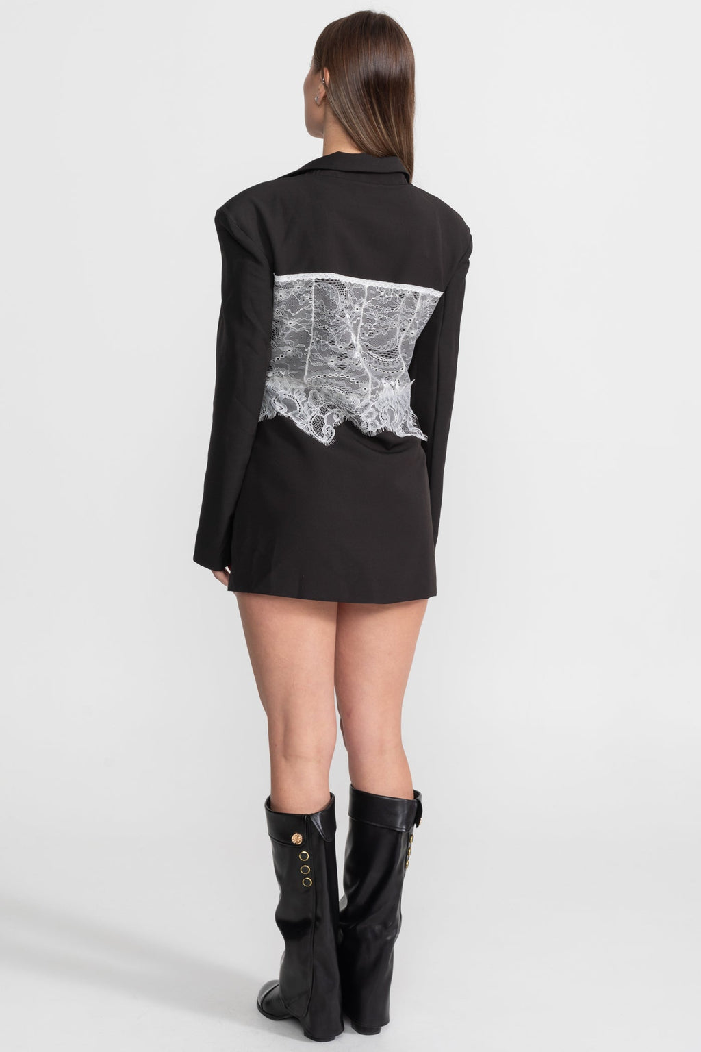 Lace Corset Blazer Dress With Deep V-neckline  – Black