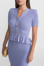 Knit Midi Co-Ord with Peplum Waist and Gold Buttons  – Lilac
