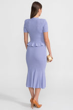 Knit Midi Co-Ord with Peplum Waist and Gold Buttons  – Lilac